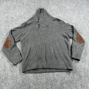 Ralph Lauren Sweater Mens Large Gray Shawl Collar Elbow Patch Pullover Knit